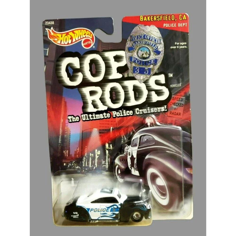 1999 Hot Wheels TAIL DRAGGER White & Back Cop Rods Bakersfield CA Police Cruiser